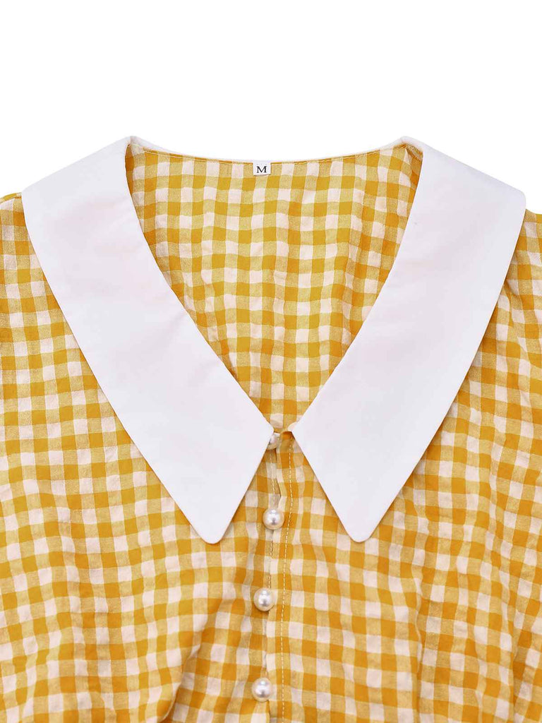 Yellow 1950s Gingham Plaid Lapel Pearl Button Top