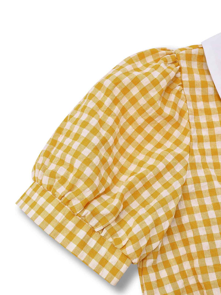 Yellow 1950s Gingham Plaid Lapel Pearl Button Top
