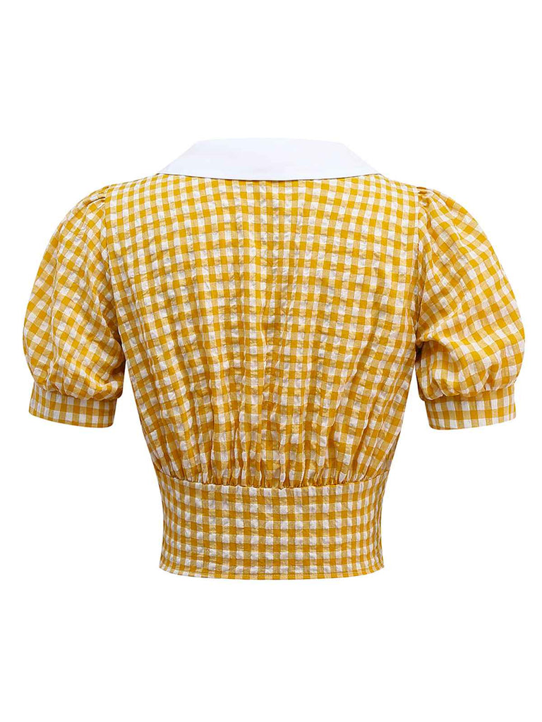 Yellow 1950s Gingham Plaid Lapel Pearl Button Top