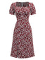 Red 1940s Floral Square Neck Puff Sleeve Dress