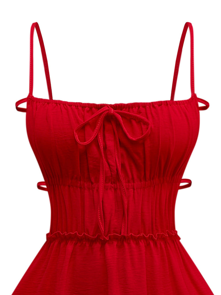 1950s Spaghetti Strap Lace-Up Backless Skater Dress