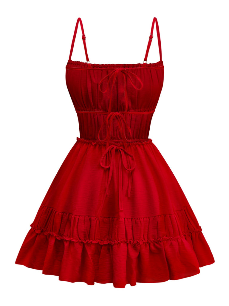 1950s Spaghetti Strap Lace-Up Backless Skater Dress