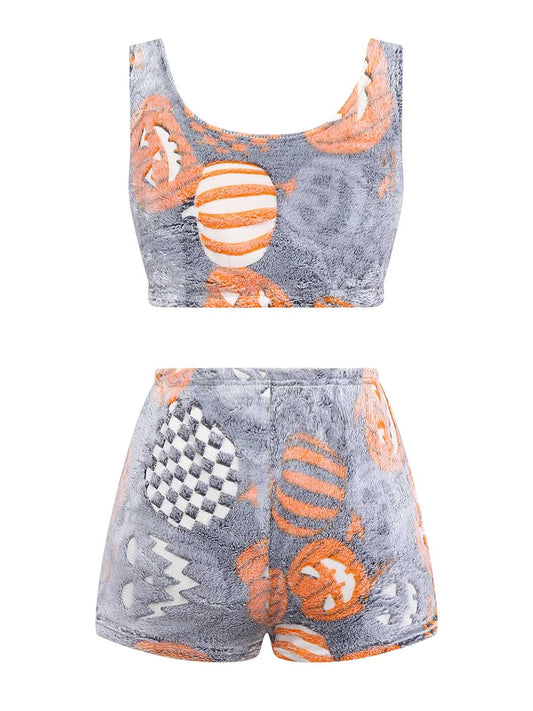 2PCS Grey 1970s Glowing Halloween Pumpkin Flannel Pajama Set