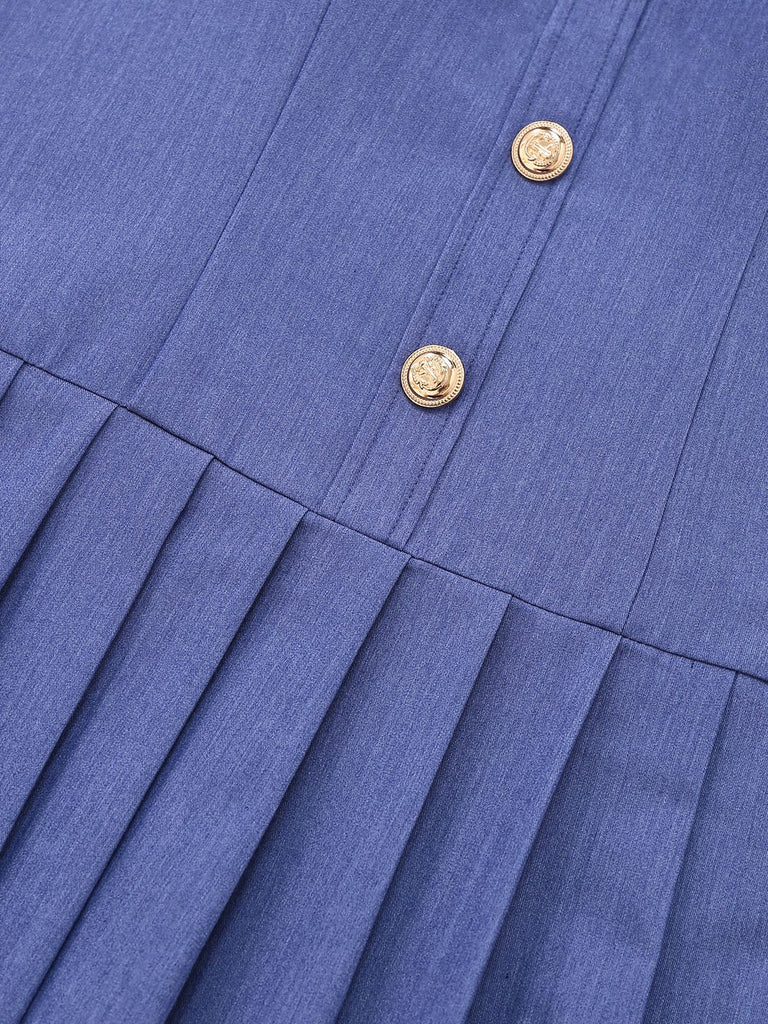 1960s Denim Halter Pleated Button Mini Dress