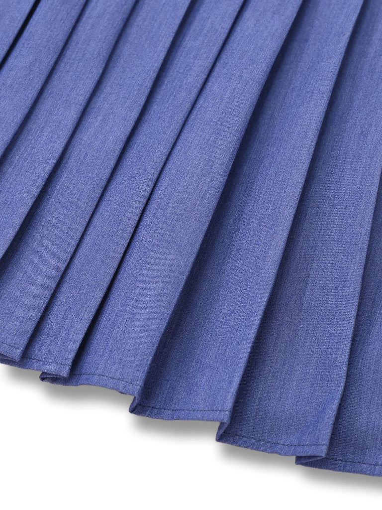 1960s Denim Halter Pleated Button Mini Dress