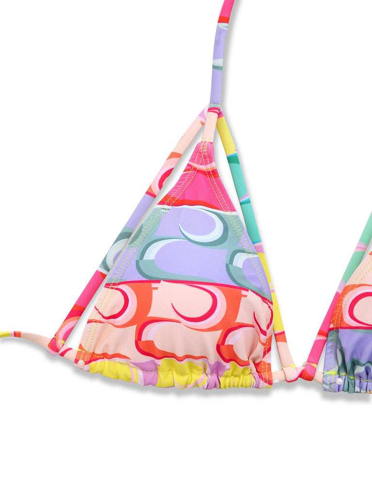 Multicolor 1960s Lace-up Rainbow Halter Bikini Set