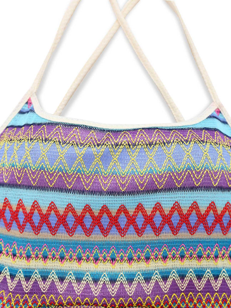 Multicolor 1960s Bohemian Drawstring Knit Straps Dress