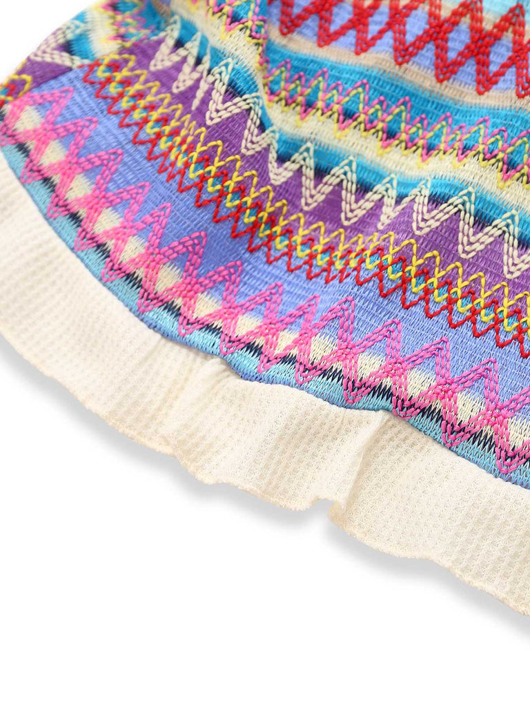 Multicolor 1960s Bohemian Drawstring Knit Straps Dress