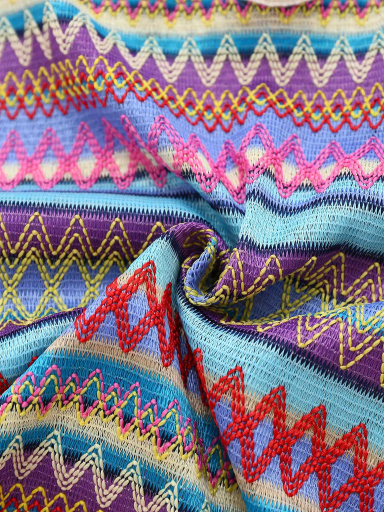 Multicolor 1960s Bohemian Drawstring Knit Straps Dress