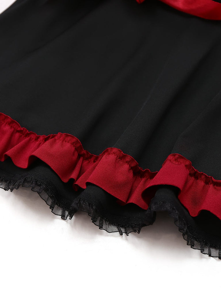 Black 1950s Cross Contrast Ruffle Hem Nightdress