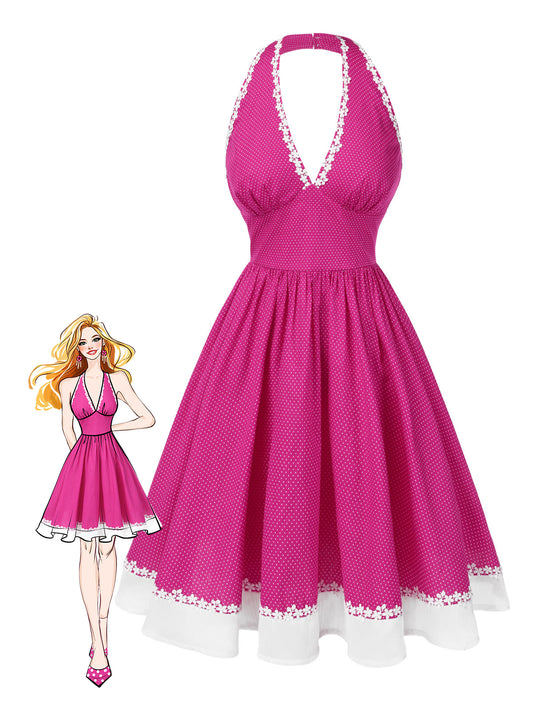 Pink 1950s Polka Dots Halter Cotton Dress