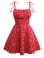 Red 1960s Ditsy Floral Lace-Up Mini Dress