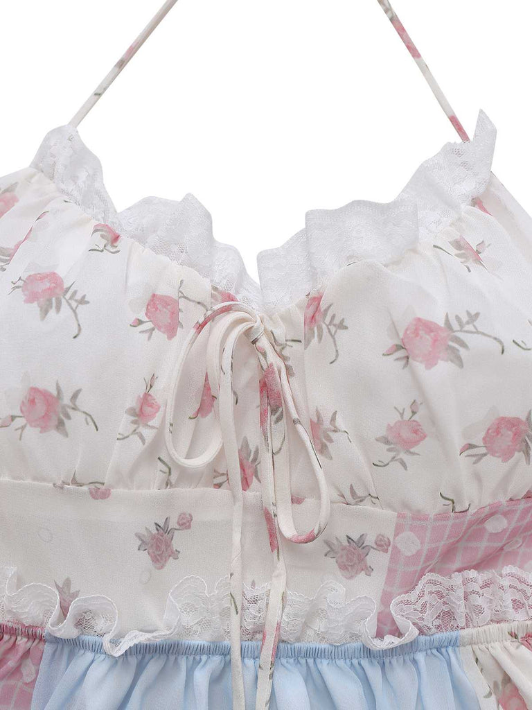 1970s Halter Boho Floral Lace Maxi Dress