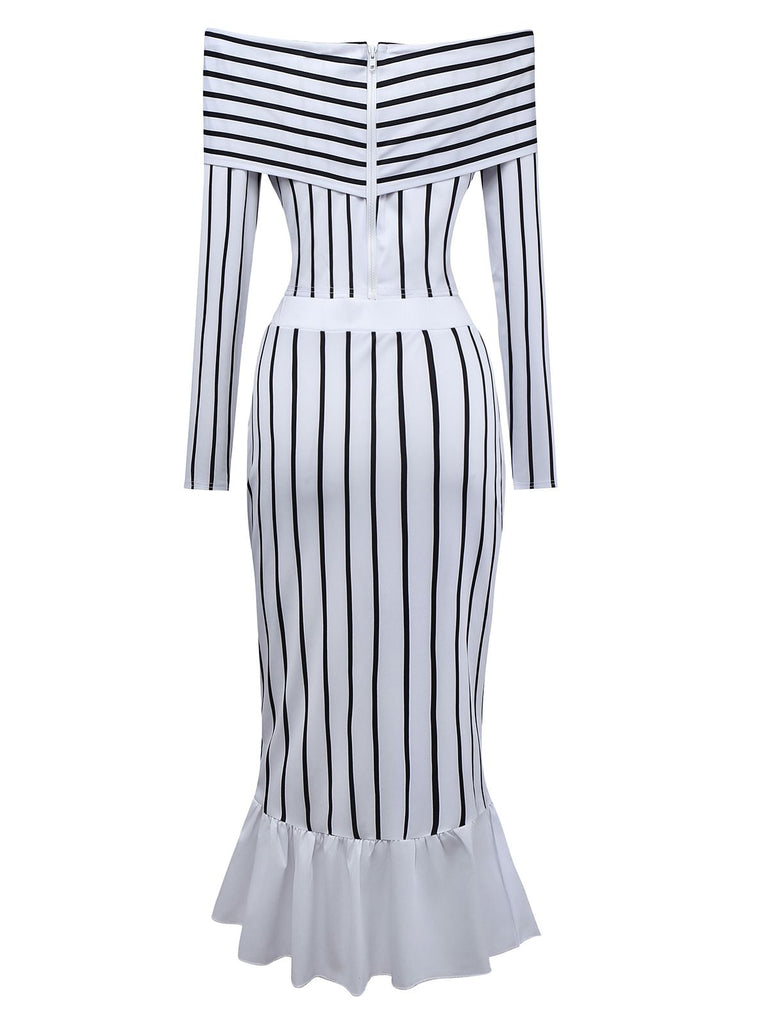 2PCS 1930s Striped Off-Shoulder Top & Fishtail Skirt