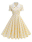 Beige 1950s Polka Dots Lapel Buttons Dress