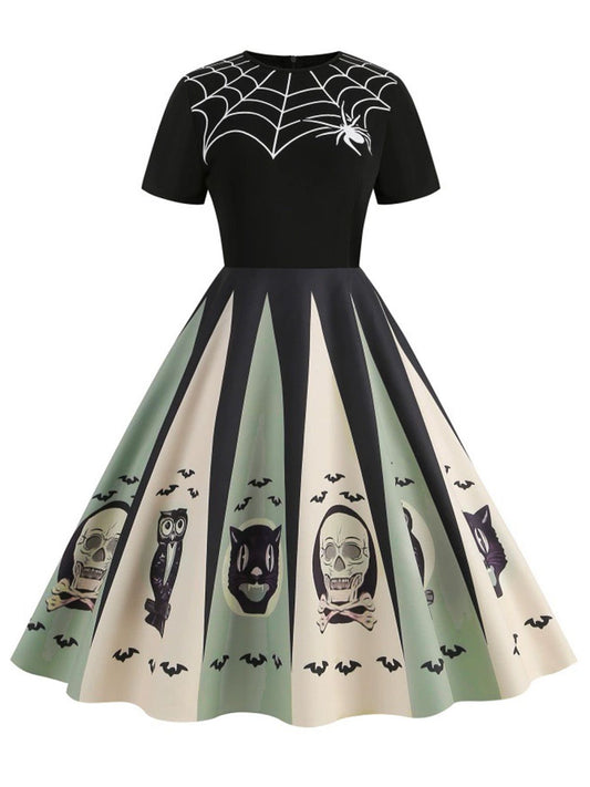 1950s Halloween Spider Web Print Patchwork Dress