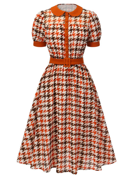 Retro Stage Orange Houndstooth Puff Sleeve Doll Collar Midi Dress