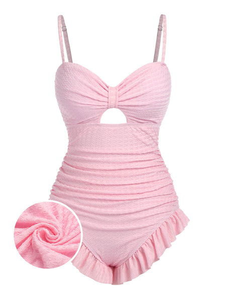 Retro Stage Cutout Ruffled Tummy Control Kawaii One Piece Swimsuit, Pink