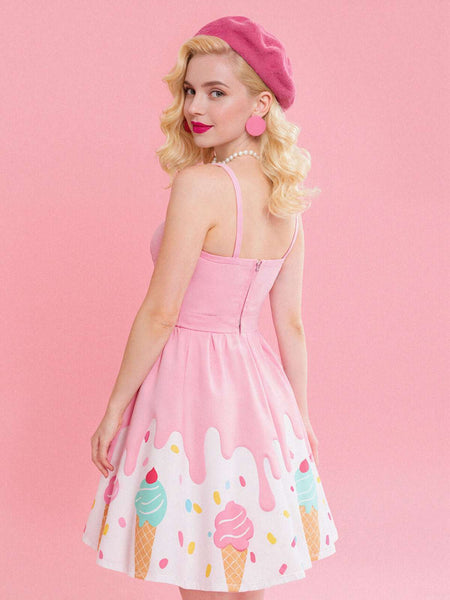 Retro Stage Pink Melting Ice Cream Print Swing Dress | Sweet 1950s Rockabilly Summer Dress