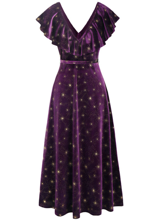 Purple 1940s Velvet V-Neck Star Ruffle Dress - vintage dress, retro fashion