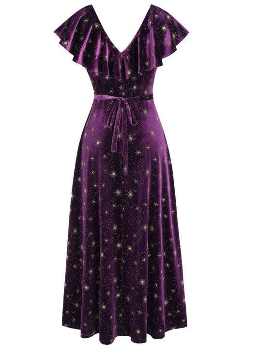 Purple 1940s Velvet V-Neck Star Ruffle Dress - vintage dress, retro fashion
