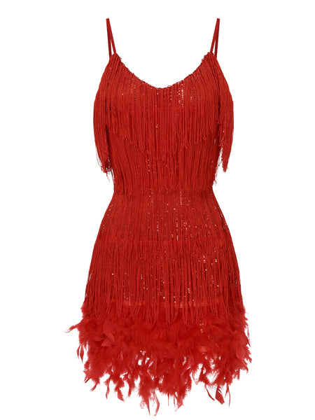 Red 1920s Spaghetti Strap Feather Fringe Dress | Retro Stage