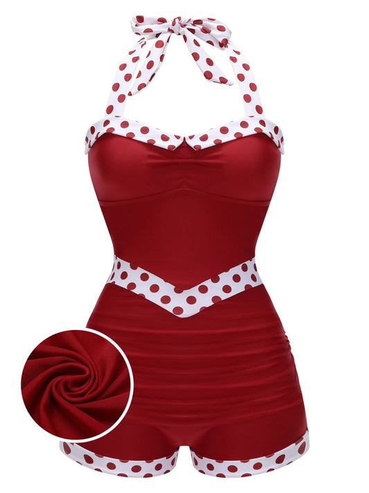 Side view: 1940s Red 1940s Halter Patchwork One-piece Swimsuit, perfect for vintage themed parties and retro fashion enthusiasts