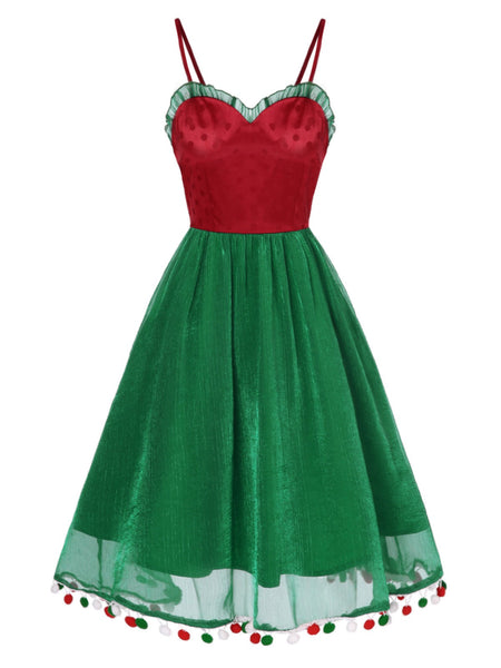 Christmas Red Green Pom Pom Dress