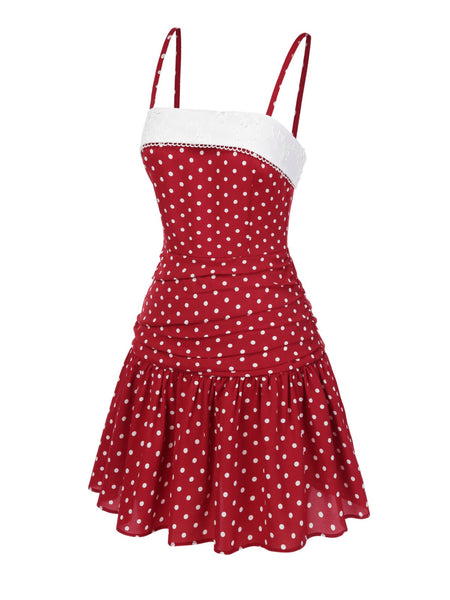 chinese dress ladies Red 1960s Lace Patchwork Polka Dots Pleated Dress