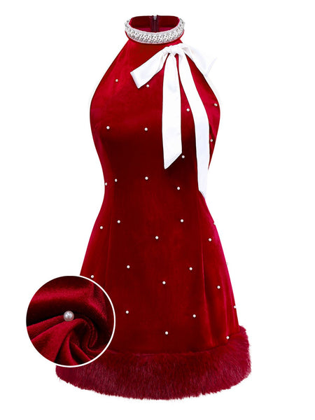 fitted lace wedding dress Red 1960s Pearl Fringe Christmas Velvet Dress
