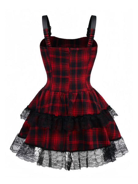 Gothic Y2k Punk Plaid Lace Double Ruffle Lolita Mini Dress Wine Red