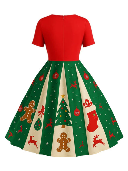 [Plus Size] Red & Green 1950s Christmas Snowflake Swing Dress
