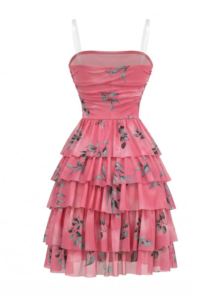Rose Red 1950s Leaf Print Ruched Tiered Mesh Dress