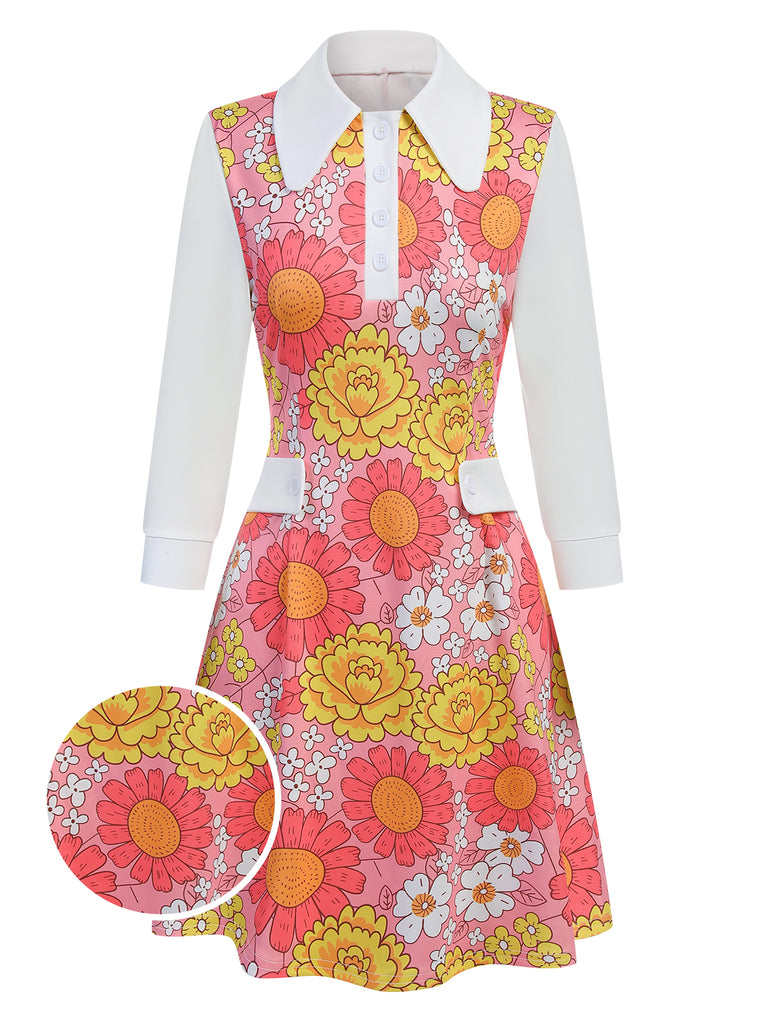 Orange 1960s Lapel Flowers Patchwork Dress