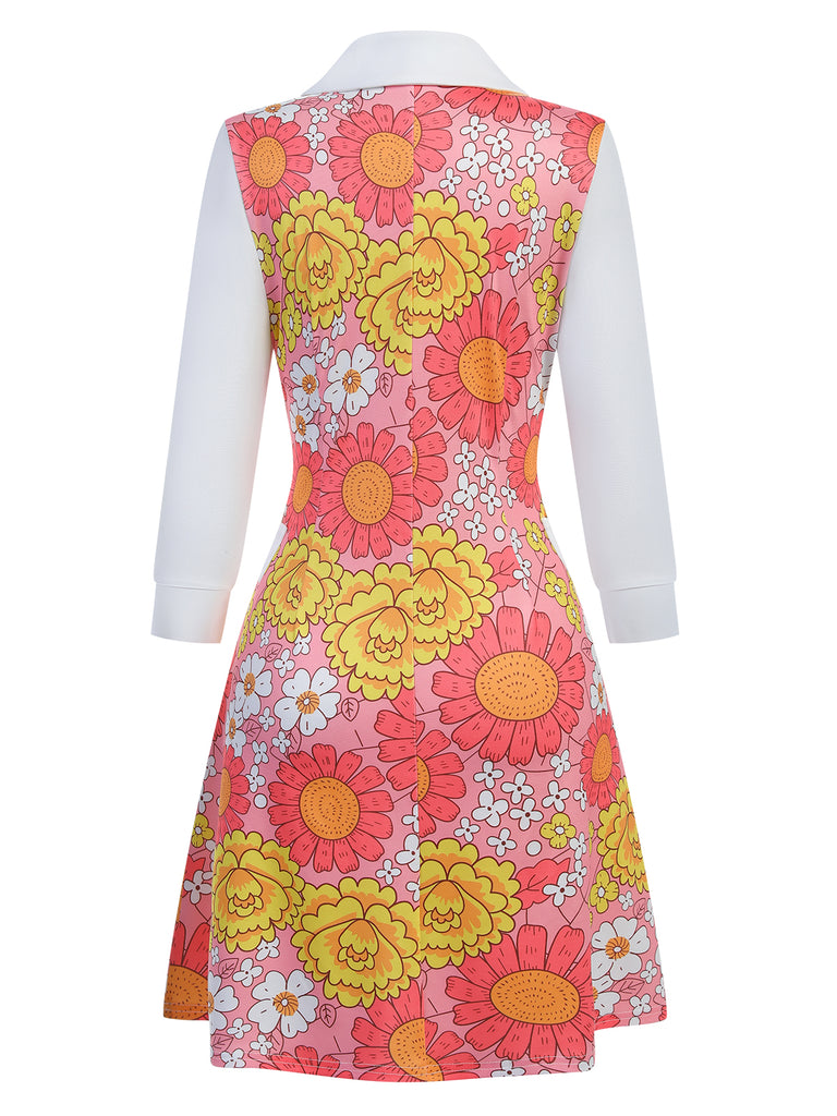 Orange 1960s Lapel Flowers Patchwork Dress