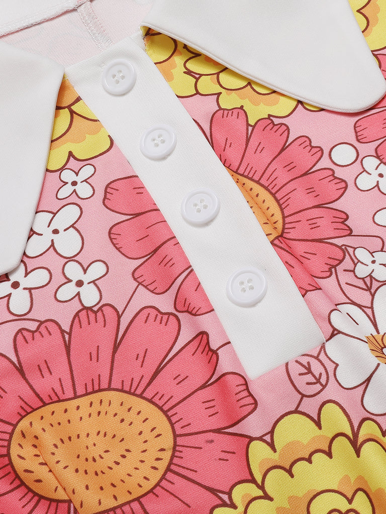 Orange 1960s Lapel Flowers Patchwork Dress
