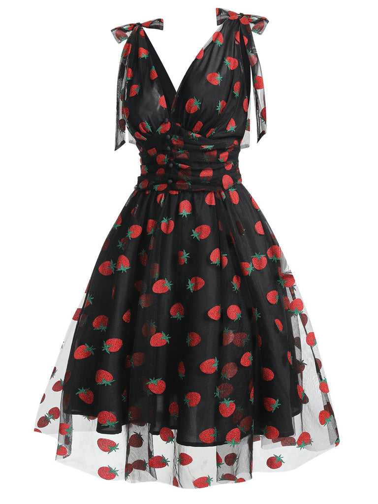 Pink 1950s Strawberry Mesh Swing Dress