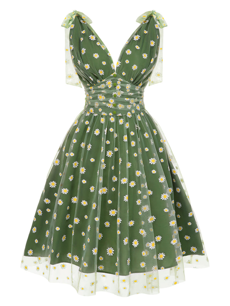 Green 1950s Daisy Mesh Swing Dress