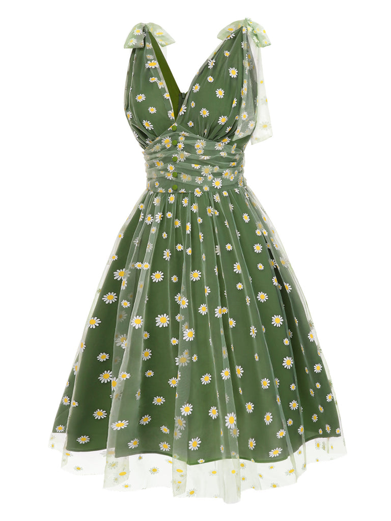 Green 1950s Daisy Mesh Swing Dress