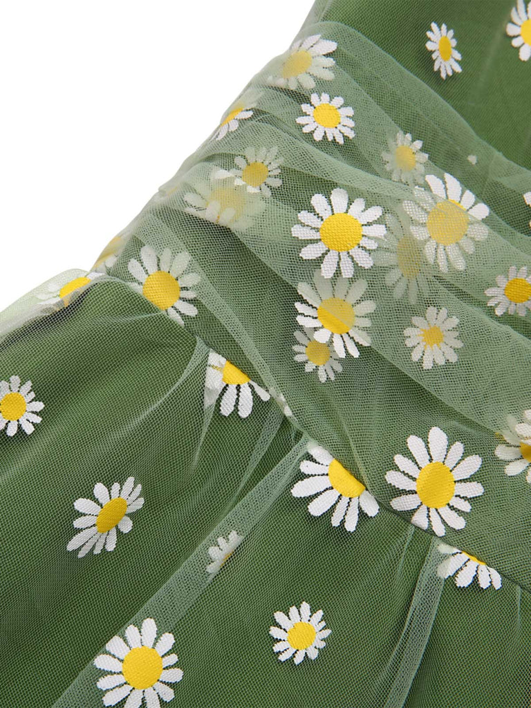 Green 1950s Daisy Mesh Swing Dress