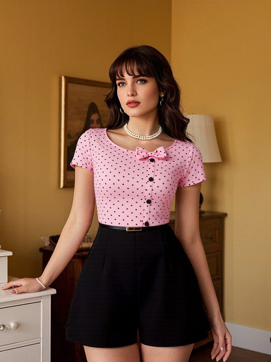 Pink 1950s Polka Dot Bow Romper