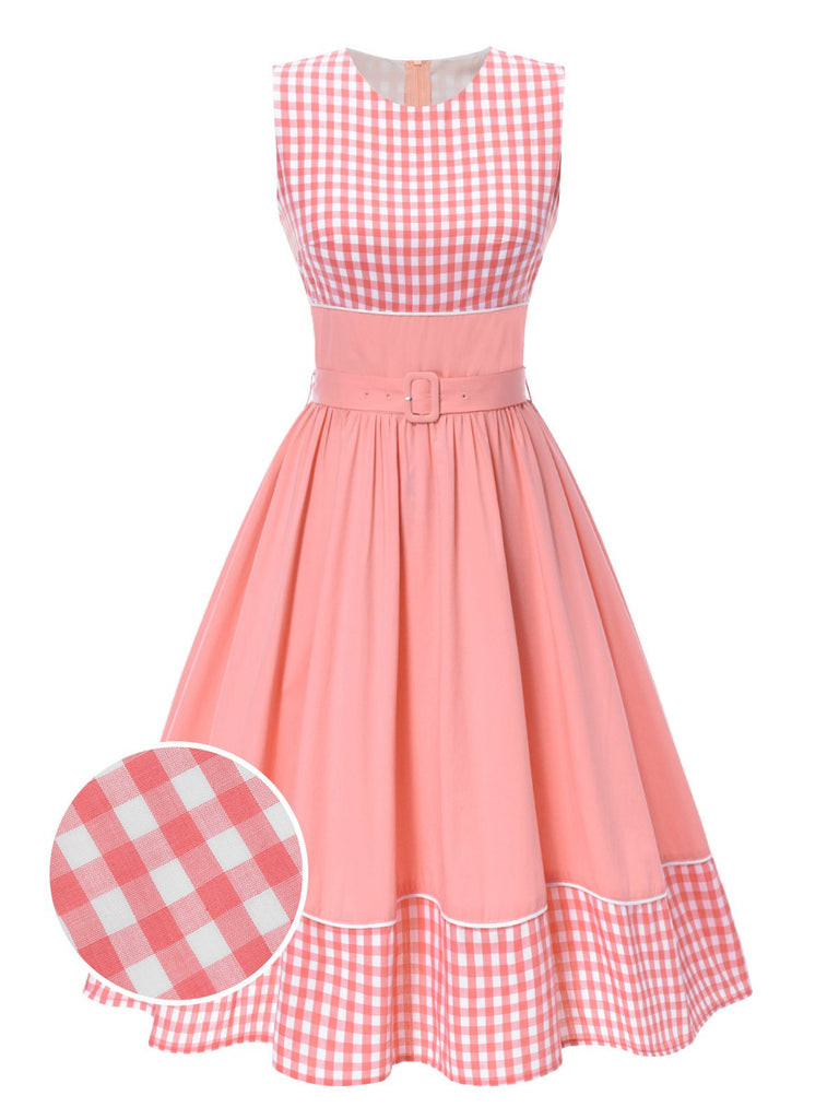 Pink 1950s Gingham Plaid Patchwork Cotton Dress