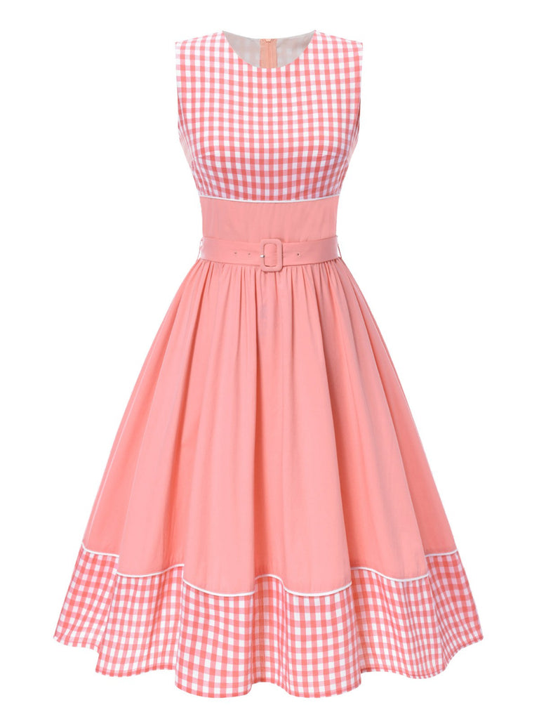 Pink 1950s Gingham Plaid Patchwork Cotton Dress