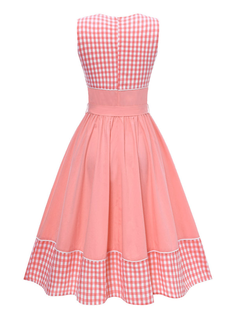 Pink 1950s Gingham Plaid Patchwork Cotton Dress