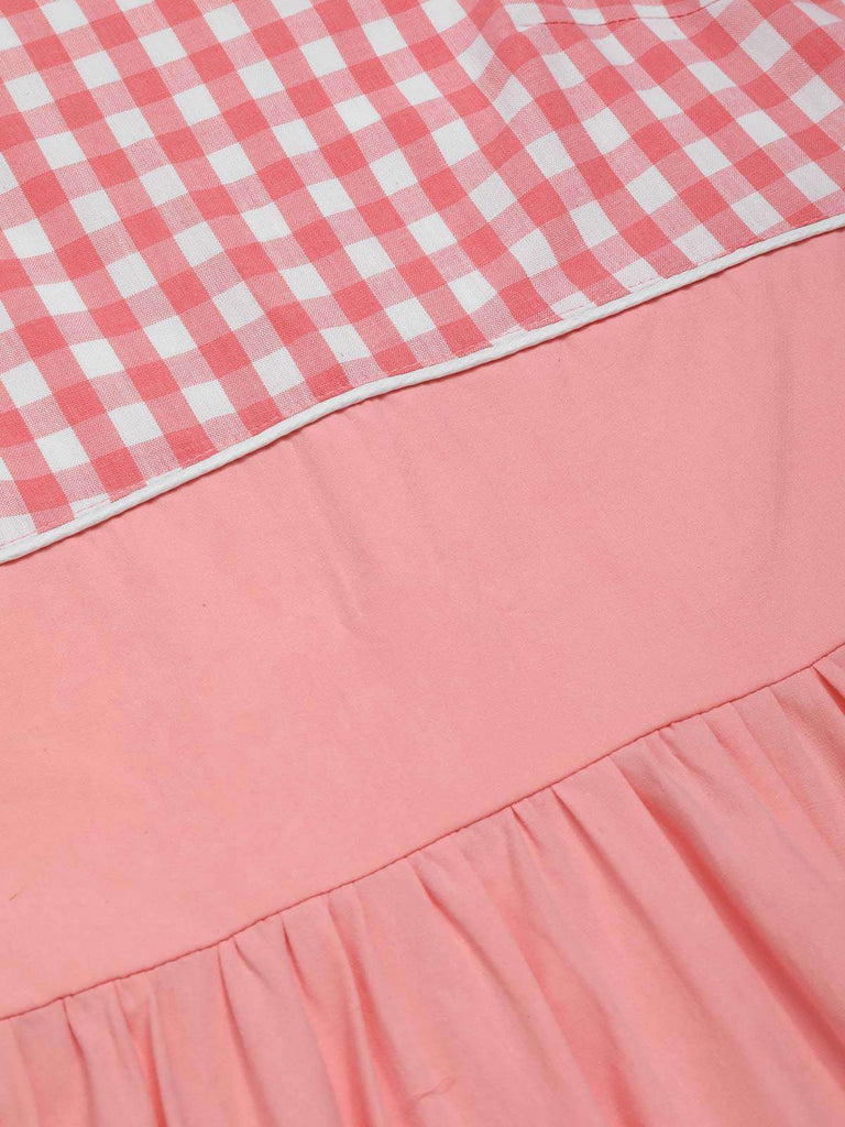Pink 1950s Gingham Plaid Patchwork Cotton Dress