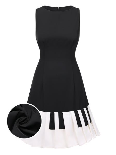 Black 1960s Boat Neck Piano Key Patchwork Dress | Retro Stage