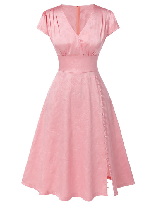 Pink 1940s Deep V-Neck Butterfly Satin Dress