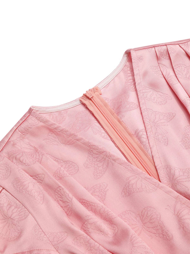Pink 1940s Deep V-Neck Butterfly Satin Dress