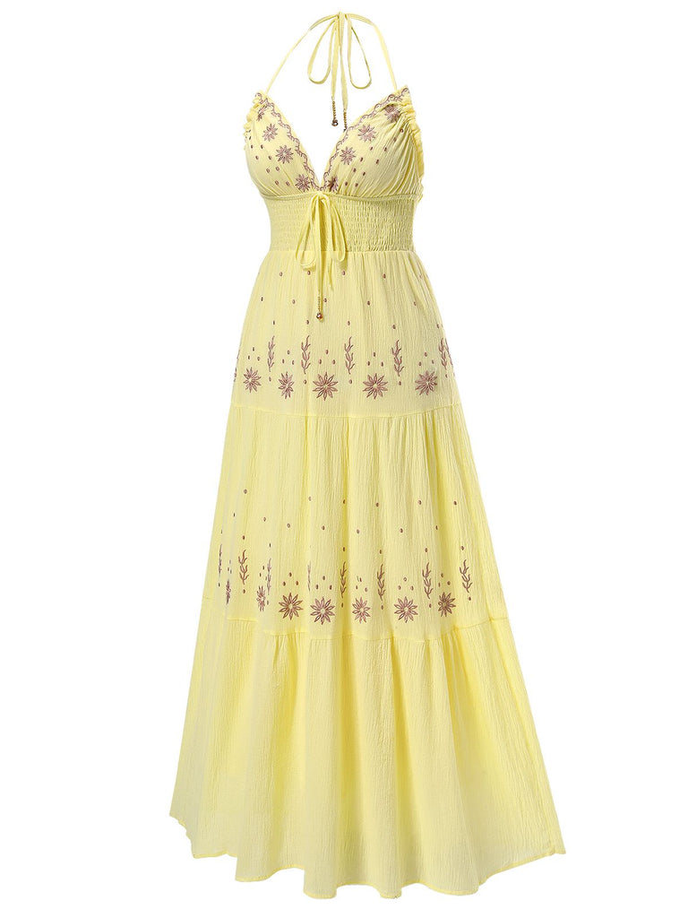 Yellow 1930s V-Neck Embroidered Floral Dress