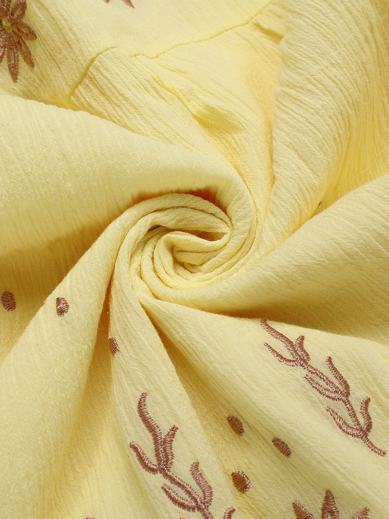 Yellow 1930s V-Neck Embroidered Floral Dress